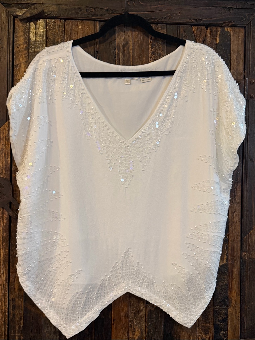 Miss Me White Beaded Sequin Blouse Size L Boho Western cowgirl  Embellished Top